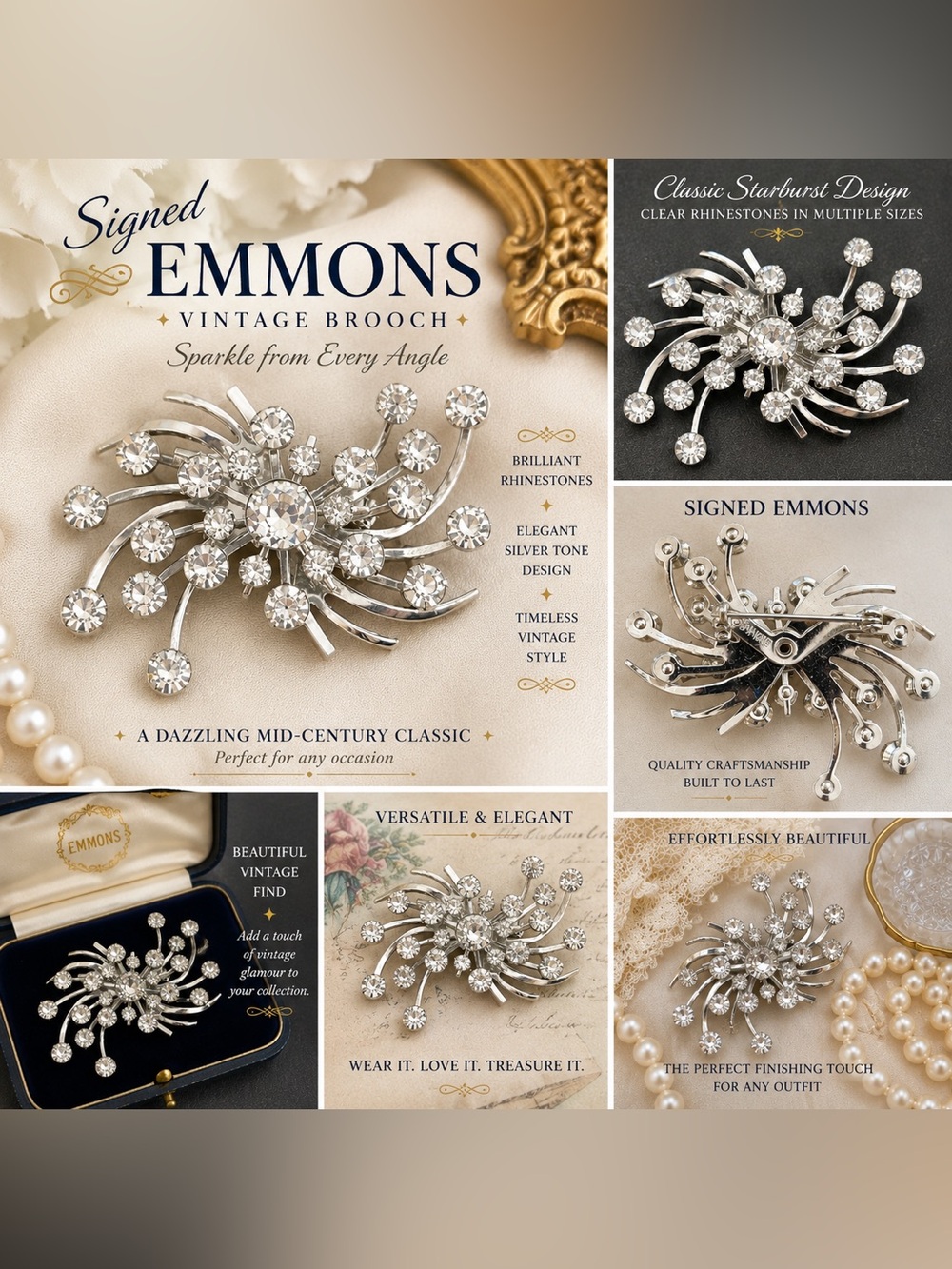 Emmons Silver-Tone Clear Rhinestone Vintage Starburst Brooch - Silver